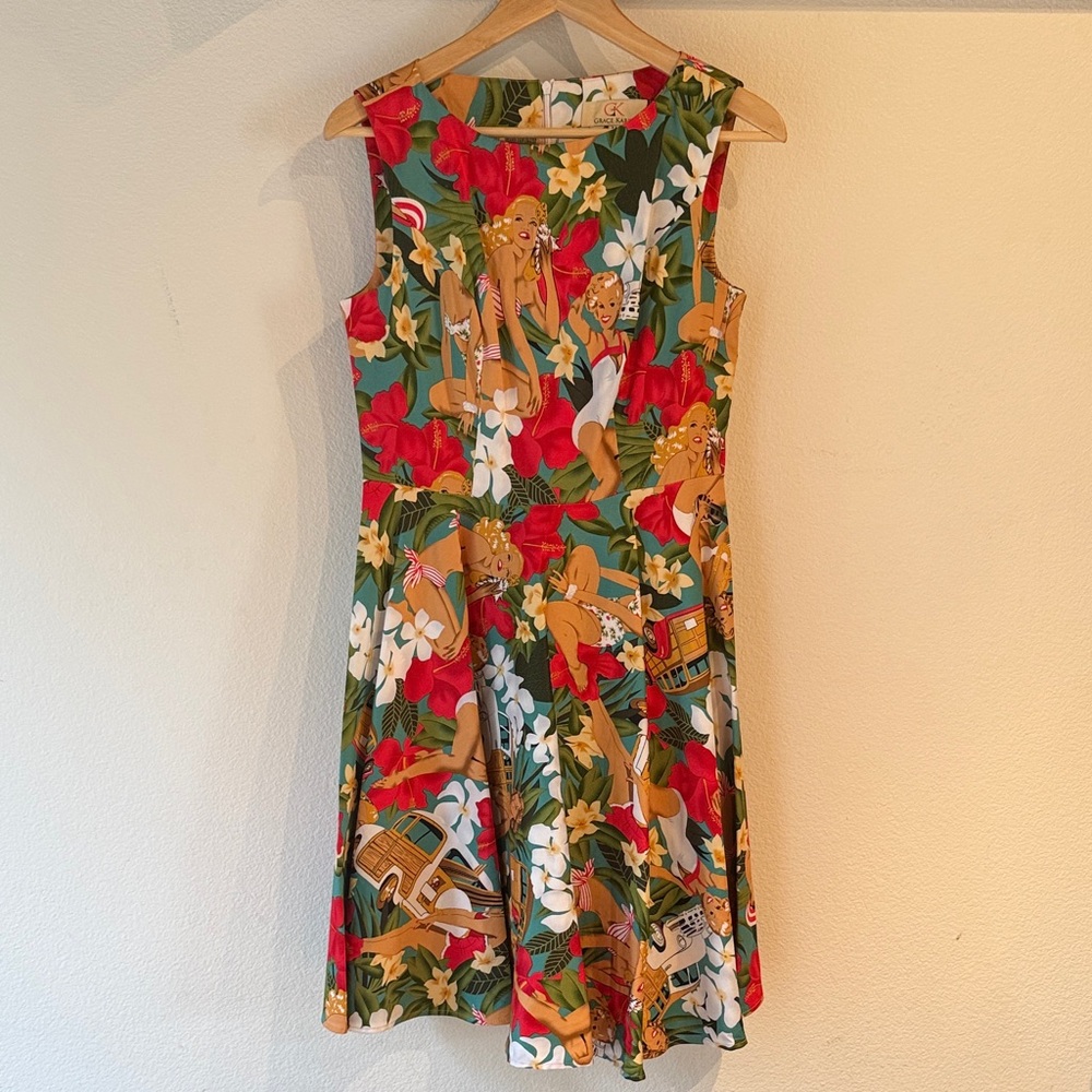 Grace Karin Retro Pinup Girl, Vintage Print Floral Tropical Midi Dress, Size M